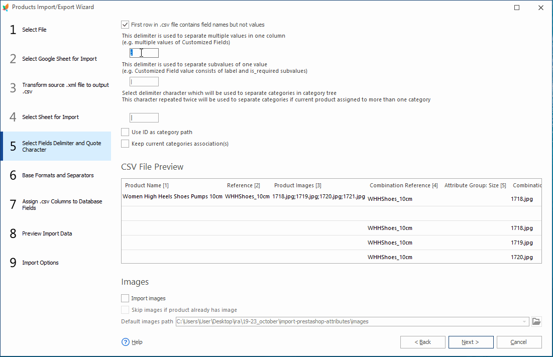Set Delimiters and Quote Characters on Import Wizard Set Delimiters and Quote Characters on Import Wizard for PrestaShop Combinations Import