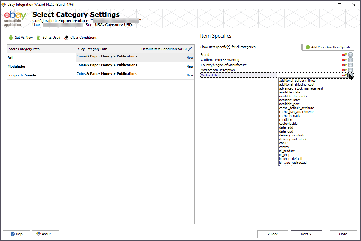 eBay Category Settings