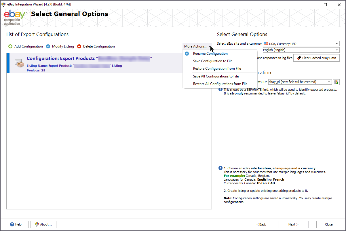 eBay Configuration Actions