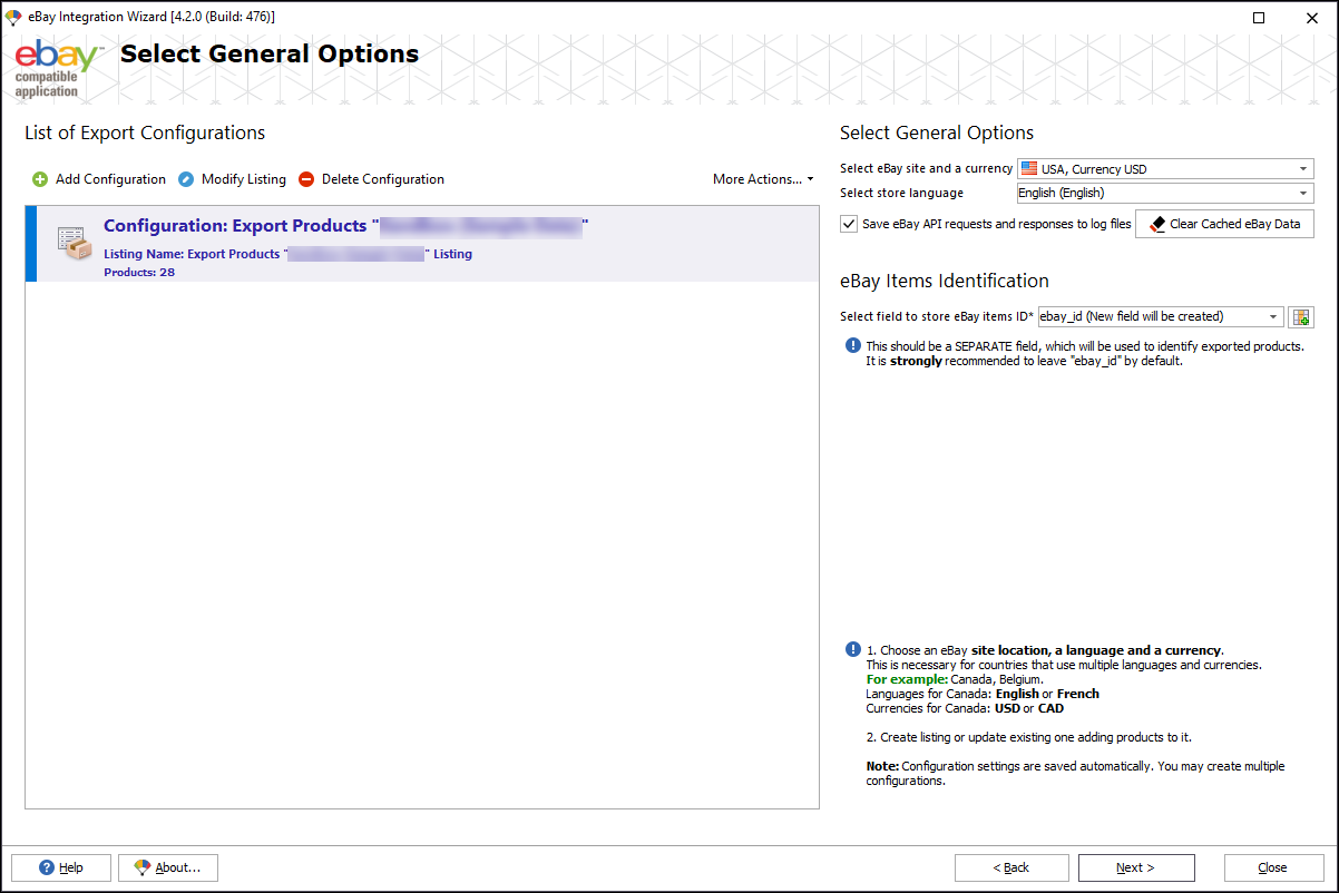 eBay General Export Options