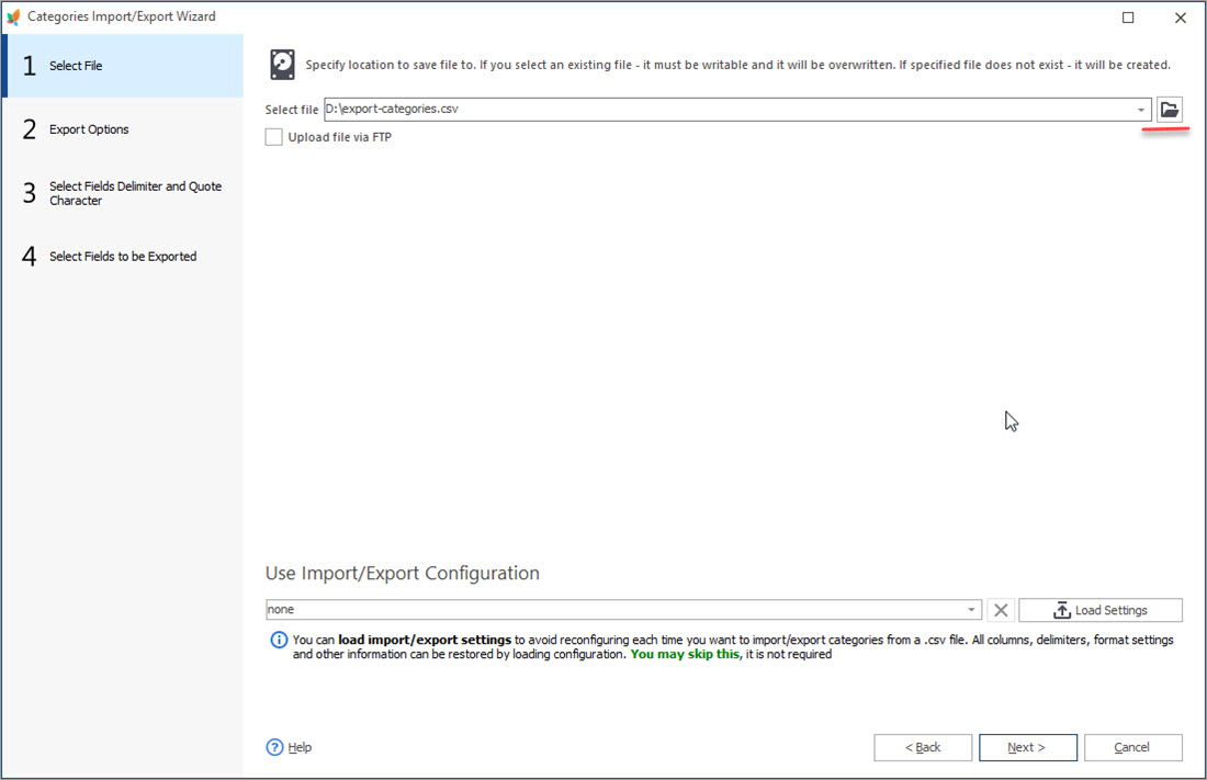 Select File to Export PrestaShop Categories with Store Manager