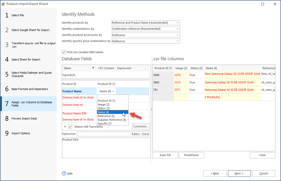 Assign csv Columns to Database Fields During Products Import