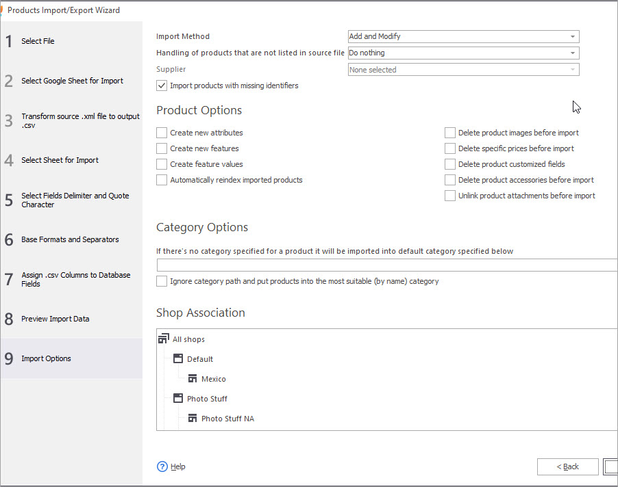PrestaShop Inventory Update Import Options with Store Manager