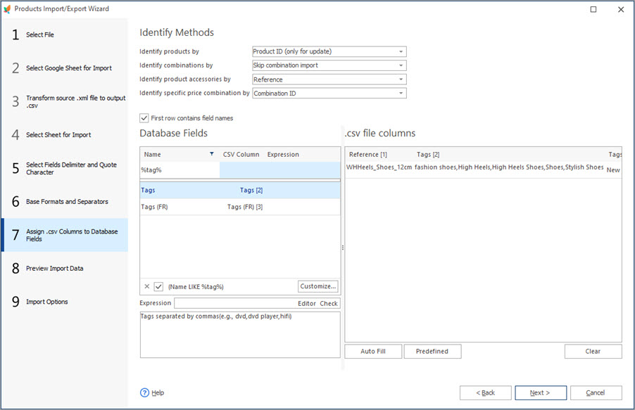 Assign CSV Columns During PrestaShop Product Tags Import with Store Manager