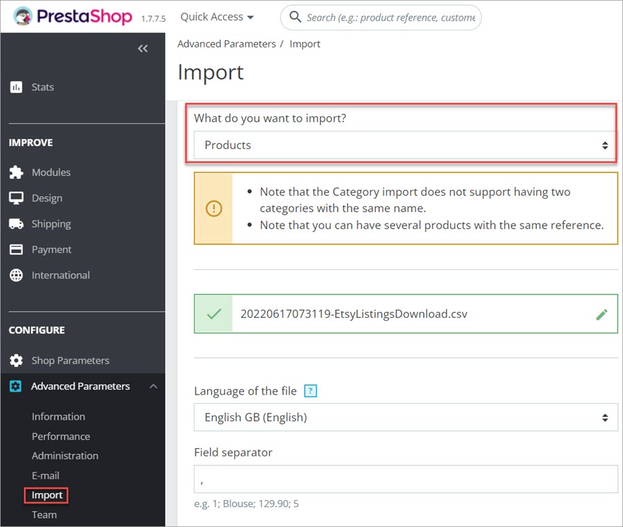PrestaShop import of Etsy products