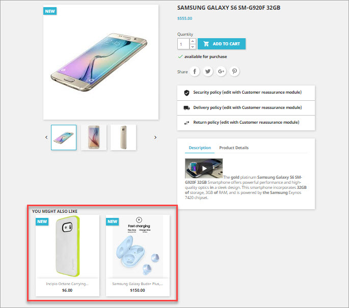 Producto con accesorios de PrestaShop en el back office