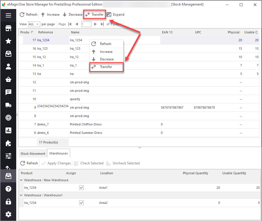 Option de transfert des stocks PrestaShop Option de transfert des stocks PrestaShop avec Store Manager