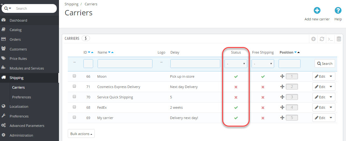 Prestashop Carrier Status