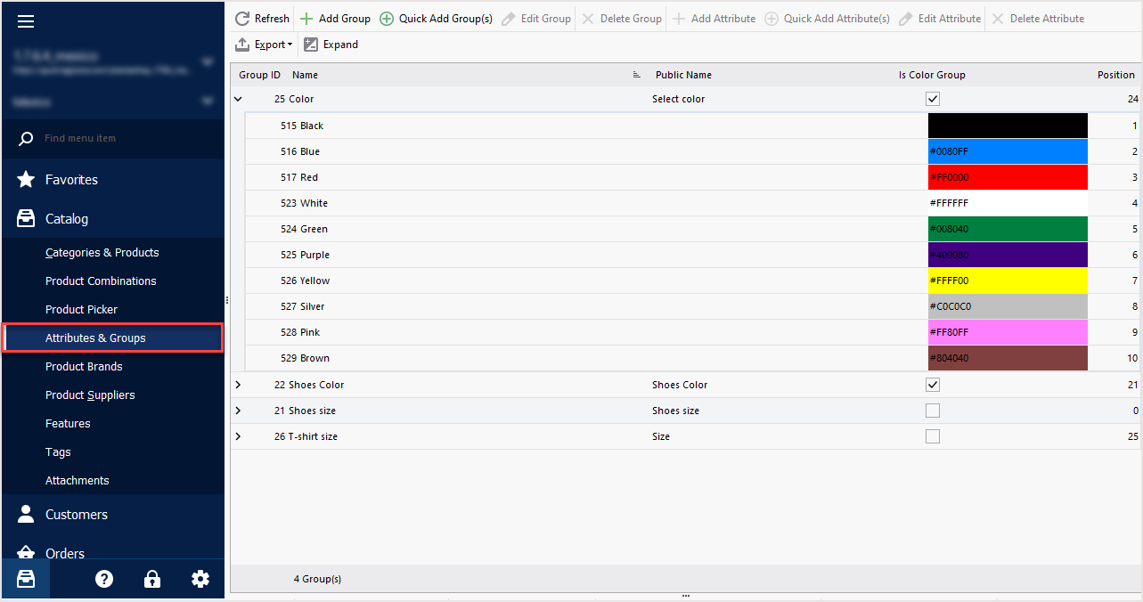 PrestaShop Attributes Section