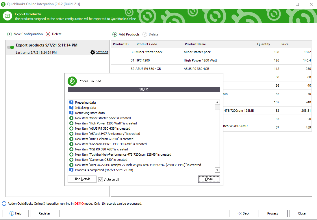QuickBooks Online Finished Product Export