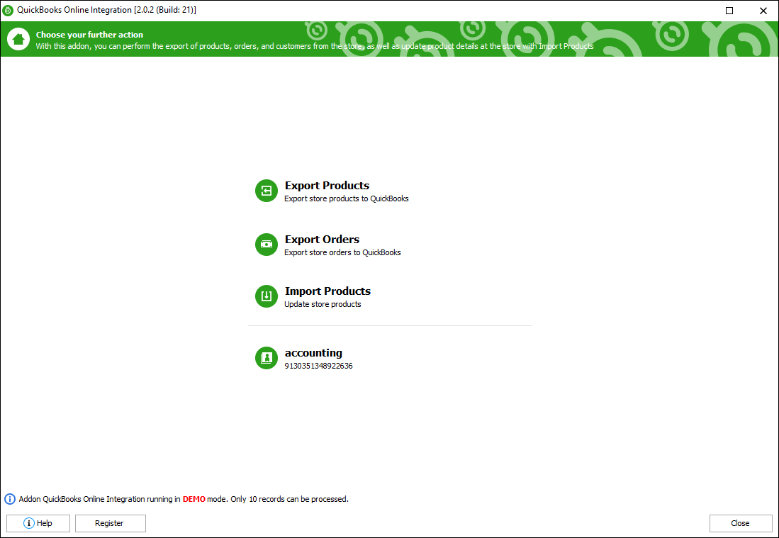 QuickBooks Online Integration Main Window