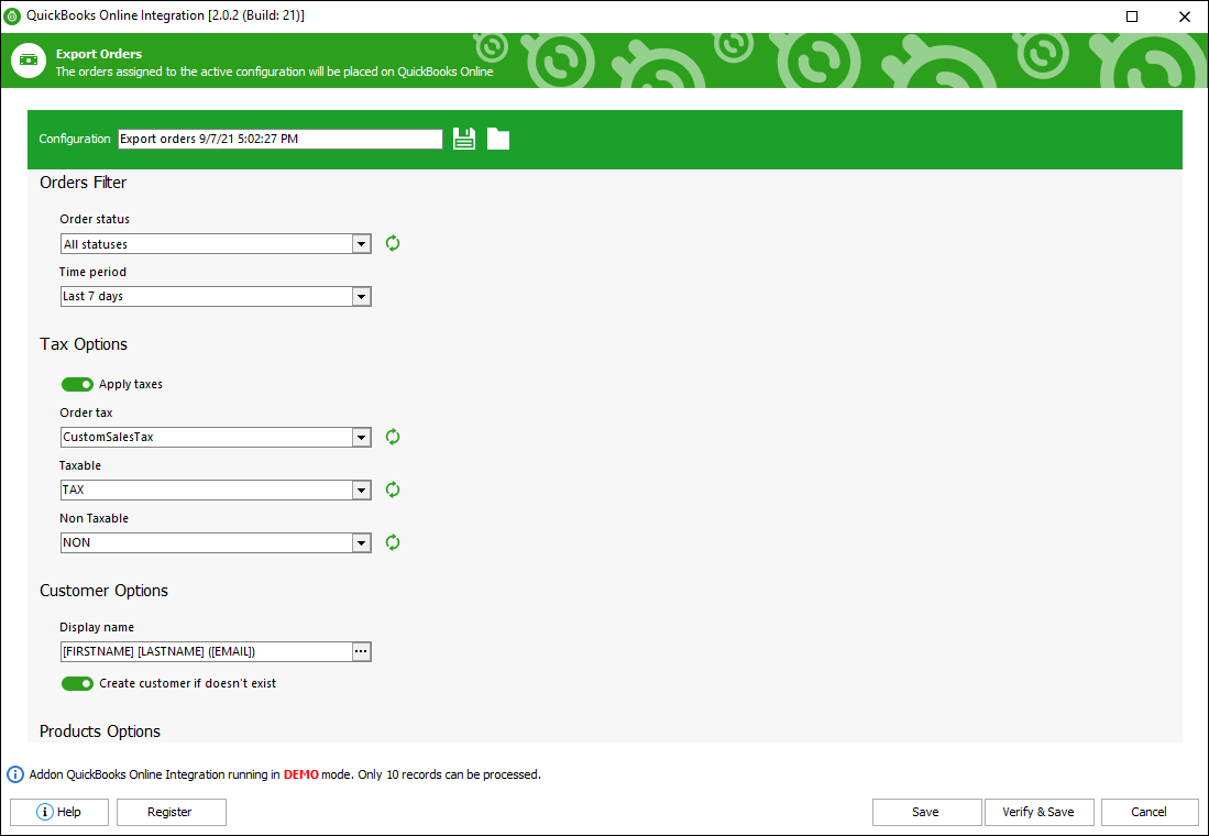 QuickBooks Orders Export Menu