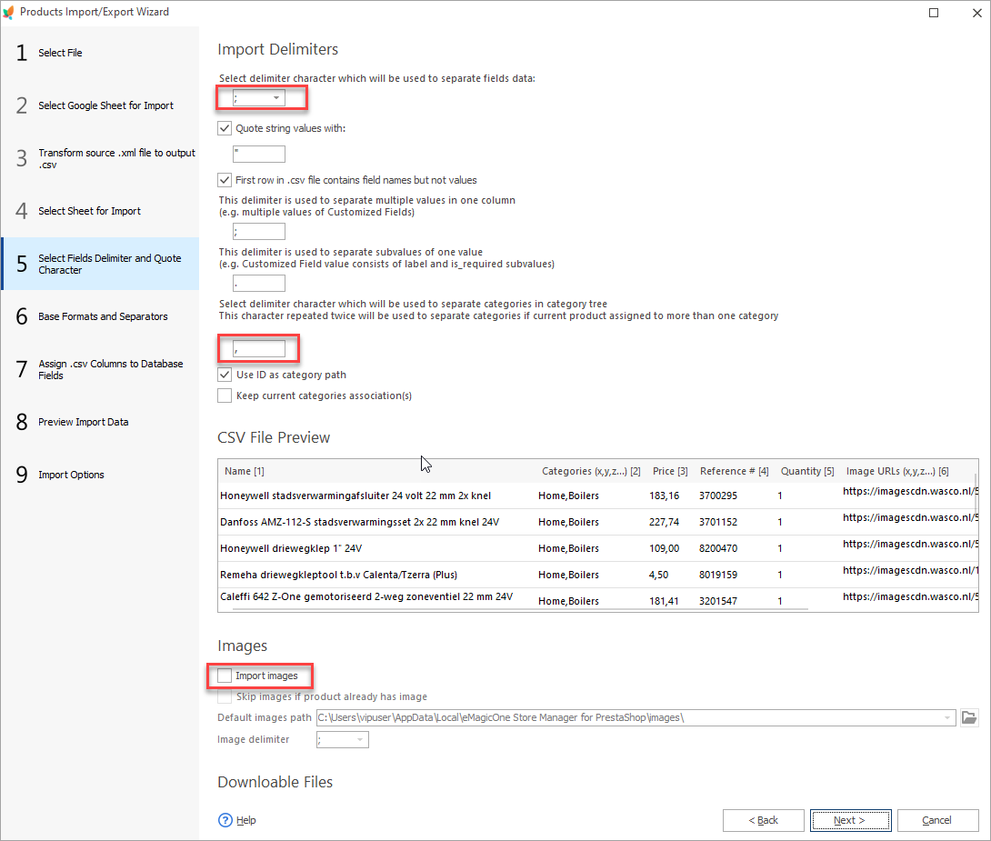Delimiters Step in the PrestaShop Store Manager