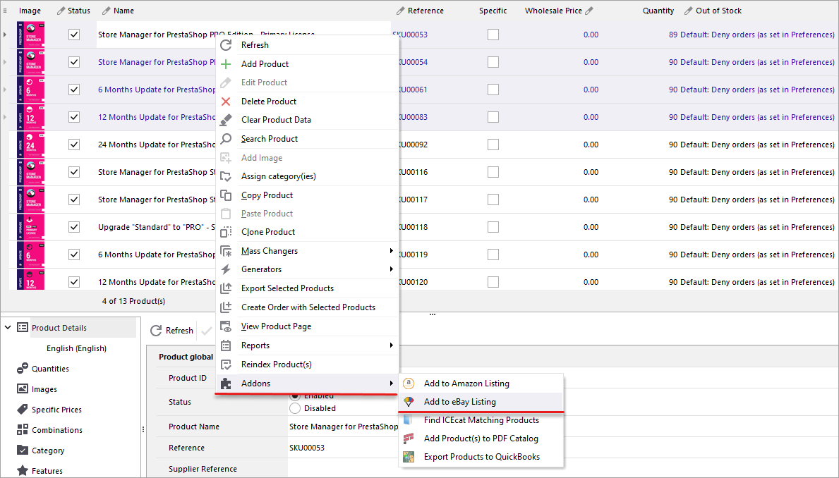 Adding PrestaShop Products to eBay Listing from the Grid