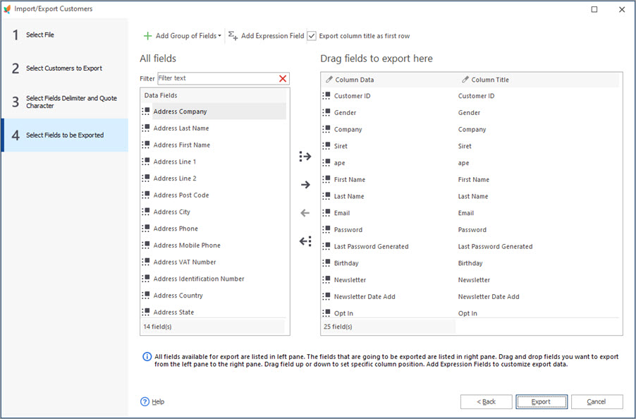 Select Fields to Export Customers Data with Store Manager
