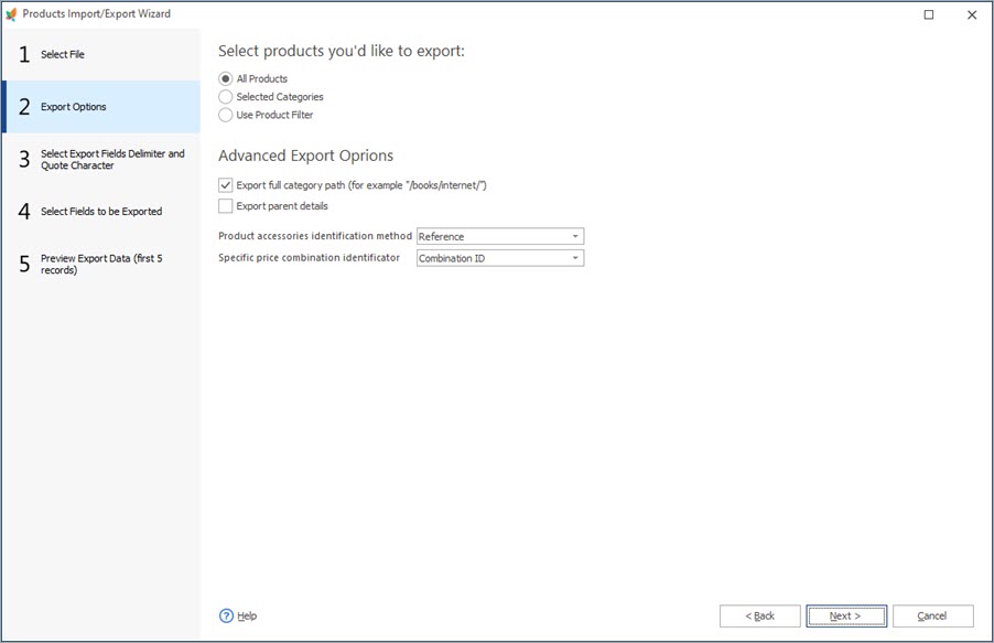 Export Options Step in PrestaShop Store Manager Export Wizard