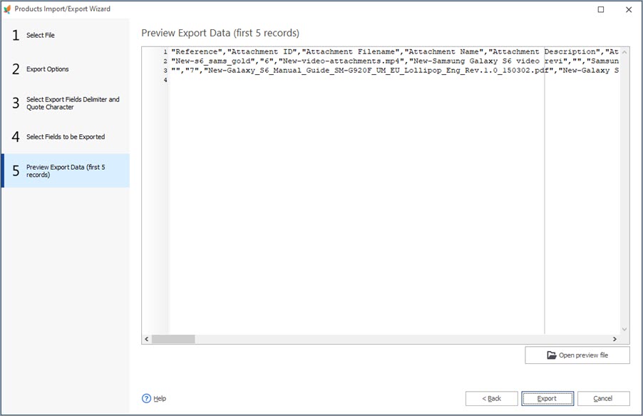 Preview Export Data Step in Export Wizard