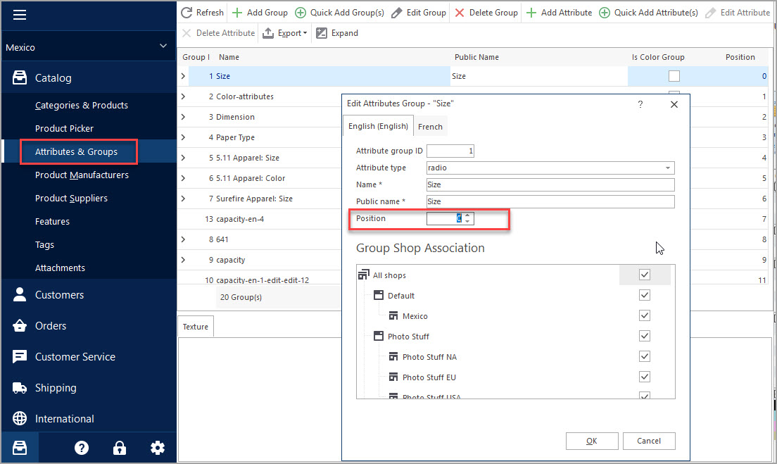 Changer l'ordre de tri des attributs dans le PrestaShop avec eMagicOne Store Manager