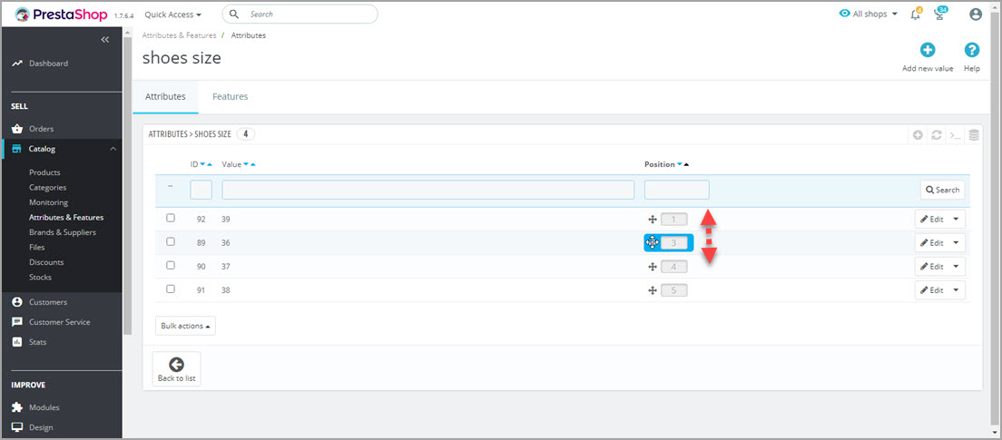 PrestaShop Modification de la position des valeurs d’attribut en back-office