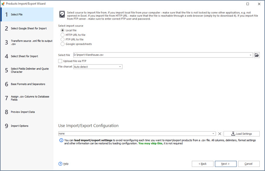 Select the File to Import Warehouses Select the File to Import Warehouses with Store Manager