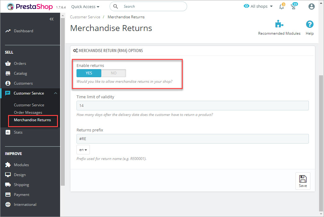 Paramètres des retours de marchandises PrestaShop