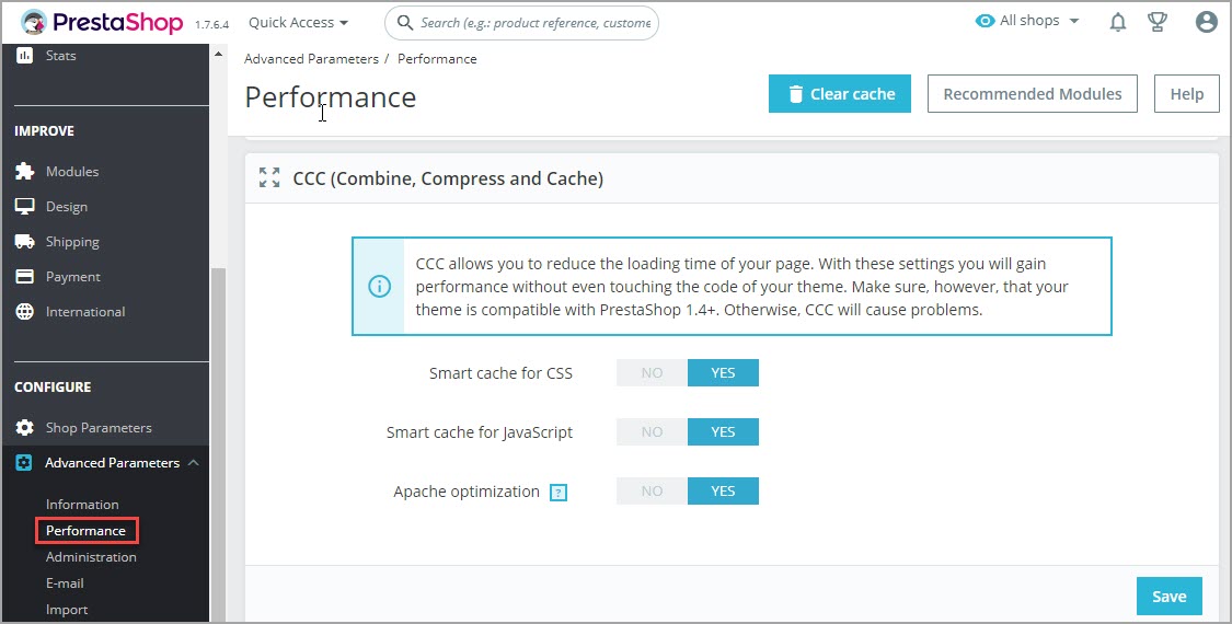 PrestaShop Performance CCC Options PrestaShop Performance CCC