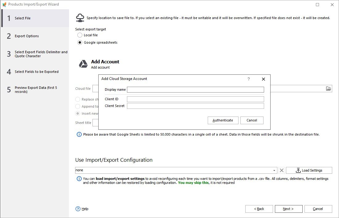 Cloud Storage Account for PrestaShop Google Sheets Integration Cloud Storage Account for PrestaShop Google Sheets Integration