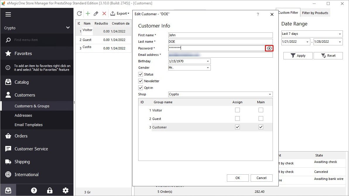 PrestaShop Store Manager Edit Customer Password Hide Show v.3.10.0.2745