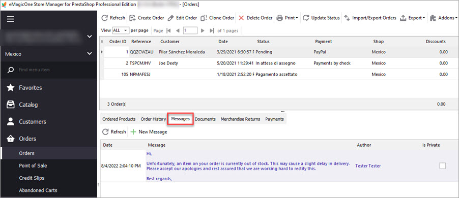 PrestaShop Store Manager Orders Messages