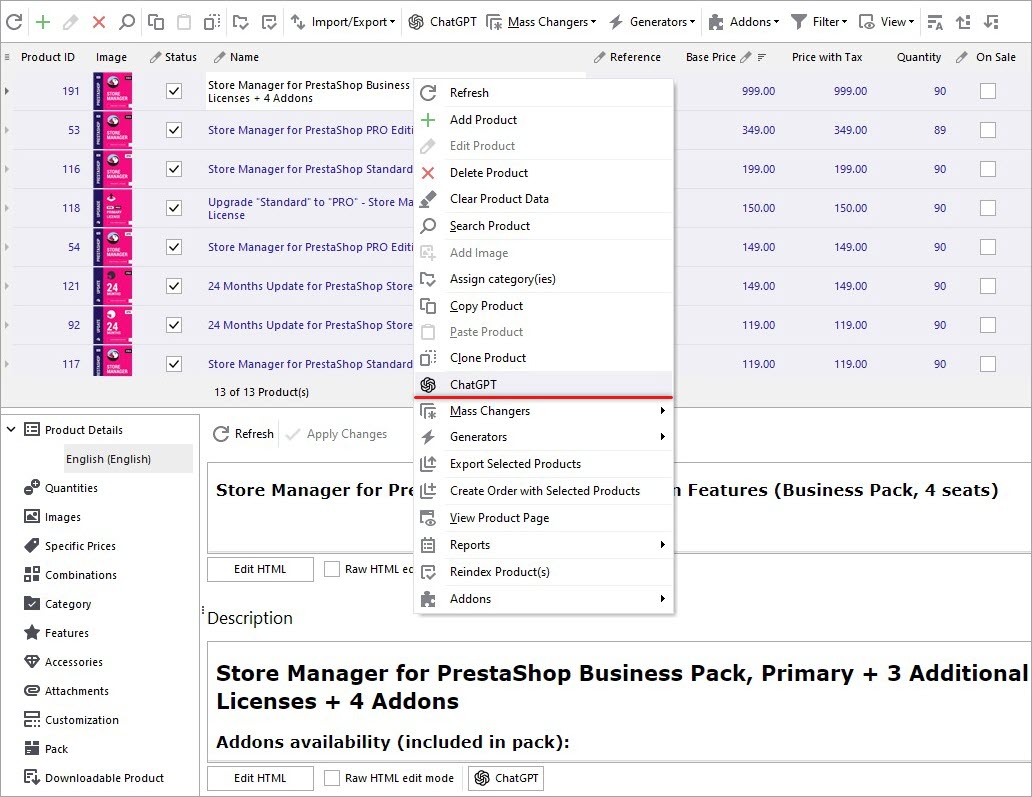 Mass ChatGPT Description Generation for PrestaShop Products