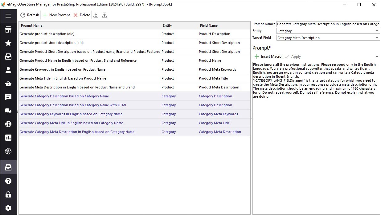 Category Deatils Prompts in ChatGPT for PrestaShop Tool