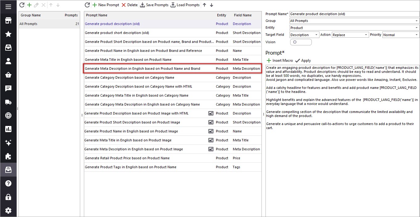 PrestaShop Meta Description Generation via Gemini Based on Product Name and Brand