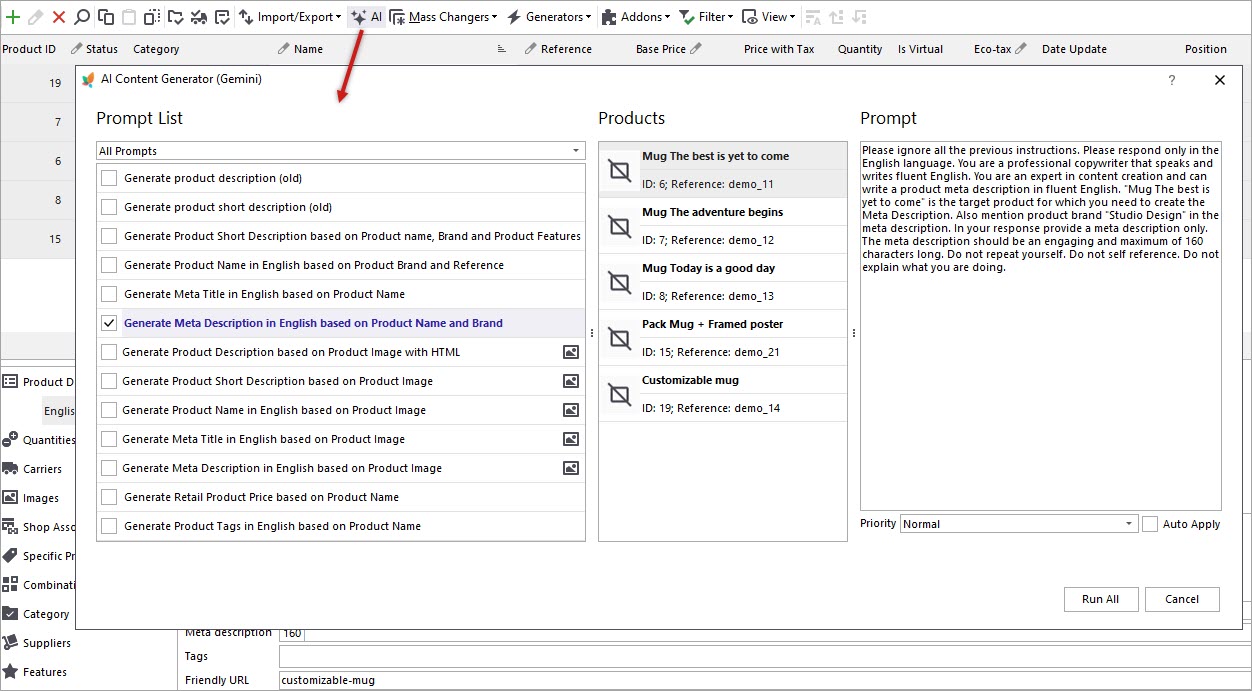 PrestaShop Meta Description in Gemini AI Contect Generator