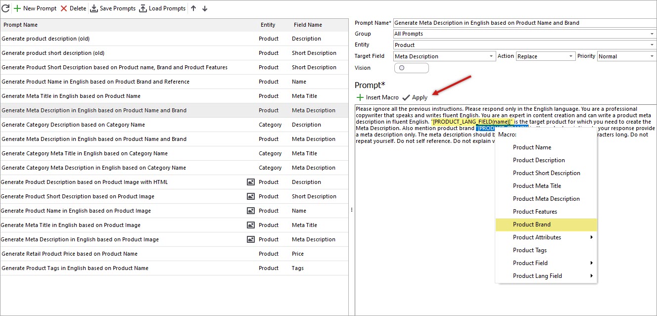 PrestaShop Product Brand Macro in Gemini Tool for Meta Description Generation