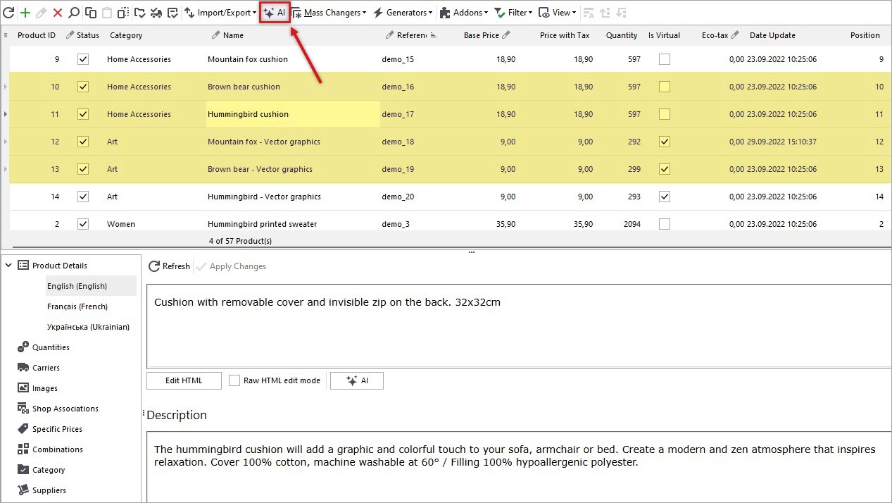 Selected PrestaShop Products for Description Translation with Gemini