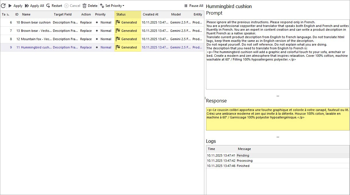 Tasks Queue with Translated PrestaShop Description by Gemini