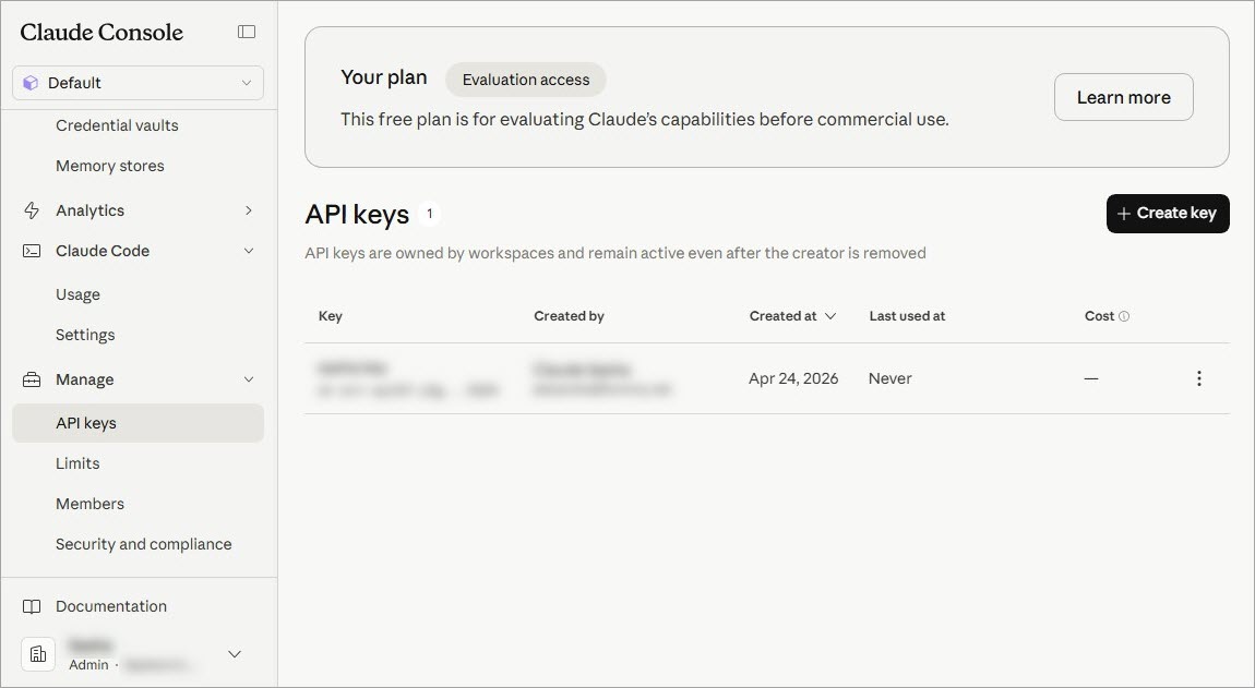 API Key in Claude Console for PresaShop Connection