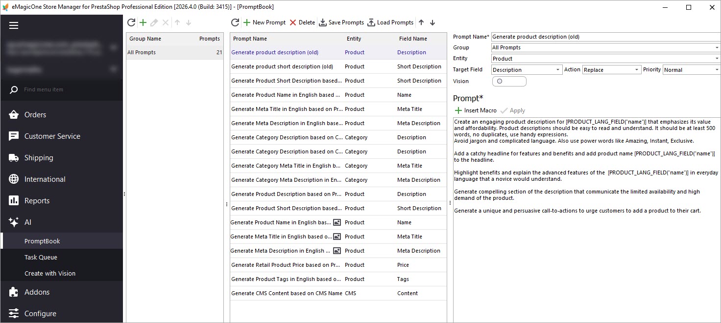 PrestaShop PromptBook for Description Generation with Claude