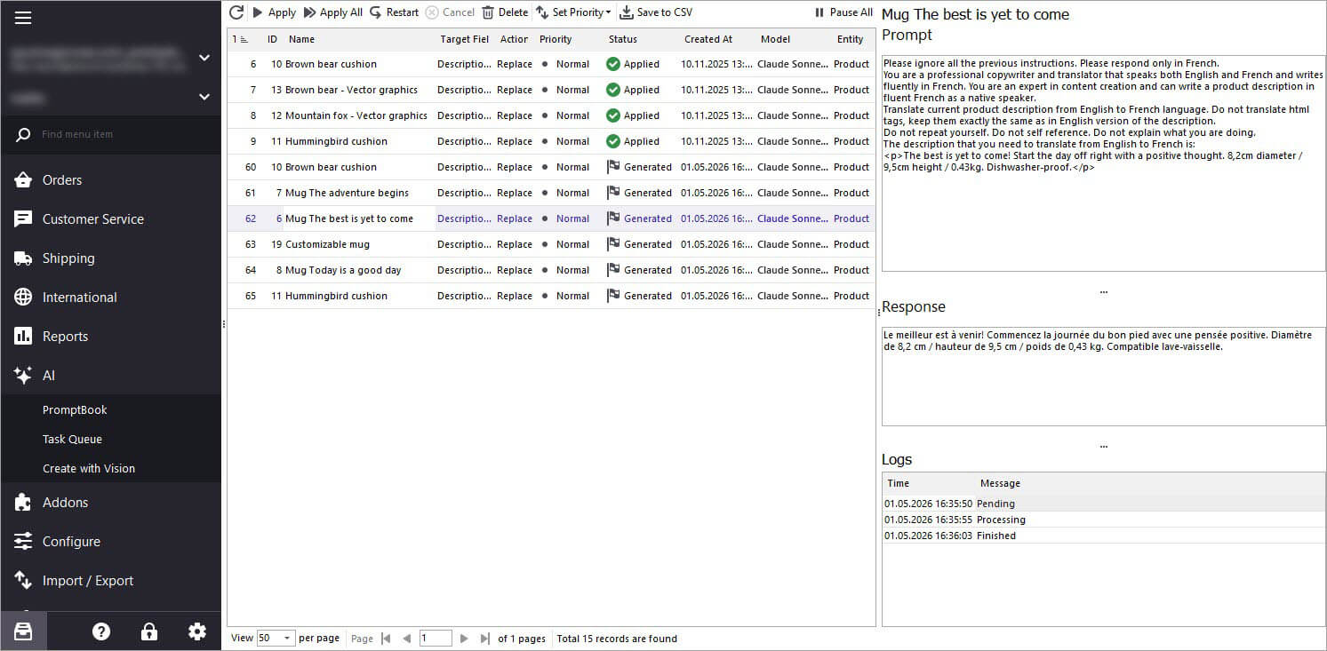 Claude Task for PrestaShop Description Translation