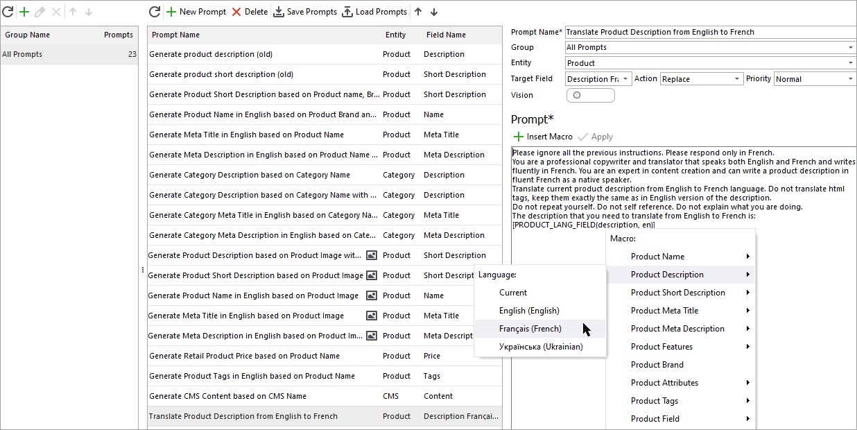French Macro for PrestaShop Description Translation with Claude
